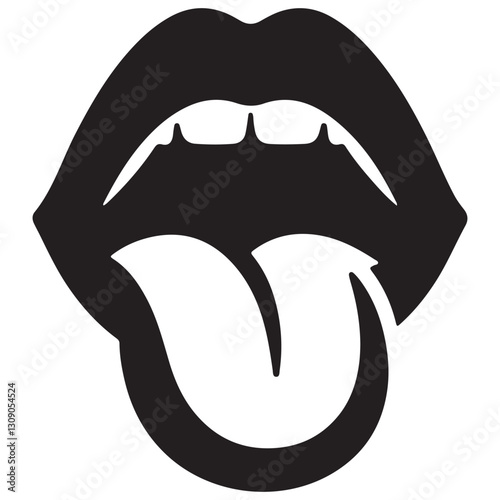 Black and white vector illustration of mouth with tongue out