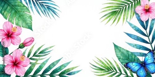 Vibrant Hibiscus Blossoms and Lush Tropical Foliage Frame a Serene Scene with a Majestic Blue Morpho Butterfly