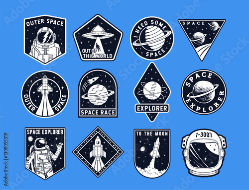 A collection of vintage space-themed badge illustrations with astronauts, rockets, planets, UFOs, and space exploration quotes. Perfect for stickers, patches, t-shirts, and other designs.