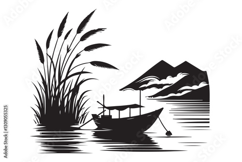 Serene Lakeside Boat Silhouette Illustration with Mountains and Reeds