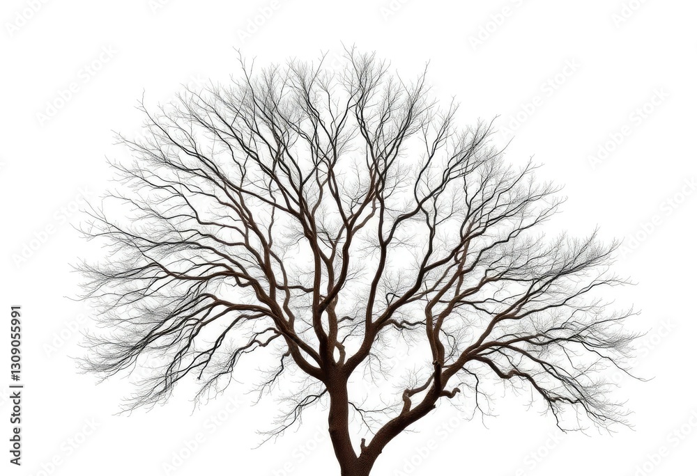 Fototapeta premium Lone deciduous tree, stark branches against bright white, summer, element