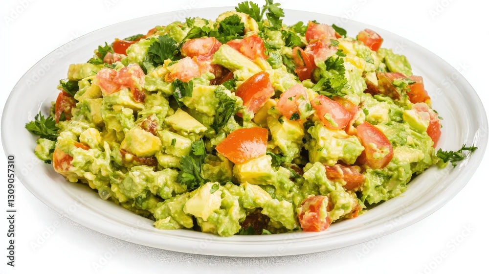 Freshly Made Guacamole with Diced Tomatoes on White Plate Freshly Made Guacamole with Diced Tomatoes on White Plate