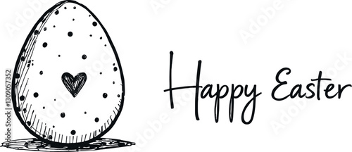 easter illustration drawn black and white egg with cute heart in the middle, on the right is the inscription Happy Easter