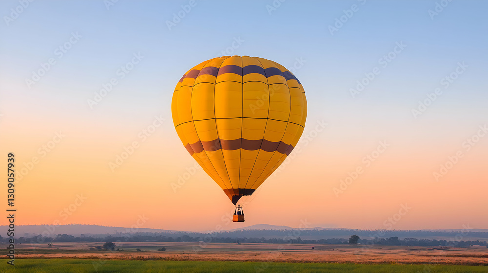 Obraz premium Yellow Hot Air Balloon Floating Above the Field at Sunset with Orange Sky