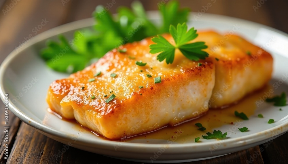 Golden-brown crispy fish fillet, parsley sprig , cuisine, food, background Golden-brown crispy fish fillet, parsley sprig , cuisine, food, background
