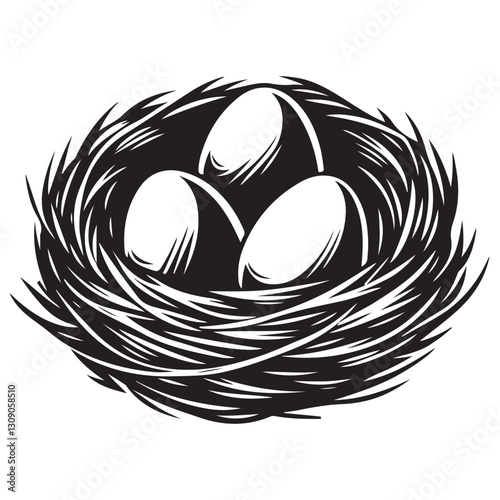 Detailed bird nest drawing with three delicate white eggs