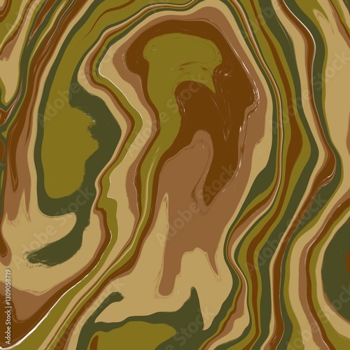 Abstract pattern featuring wavy, organic lines in various shades of brown, beige, and green. The undulating lines create a fluid, marbled effect resembling natural geological formations or camouflage.