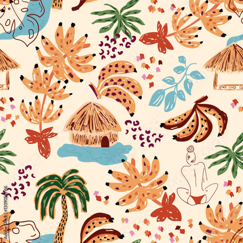 Hand drawn jungle bananas, palm tree, beach houses seamless pattern. Scenic tropical landscape, summer vacation print. Jaguar spots, island, river, lake, leaves elements. Vector textile, wallpaper