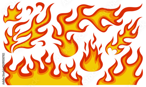 Set of red and orange fire flame. Vector illustration