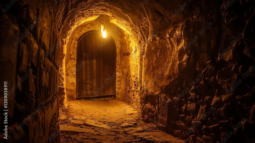 A dark, stone tunnel lit by a single lightbulb hanging from the ceiling. A dark, stone tunnel lit by a single lightbulb hanging from the ceiling.