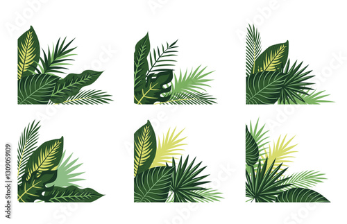 Corner decoration with exotic tropical leaves. Monstera, Rhopalostylis, Areca, Banana, palm tree, climber. Hawaiian plants. Vector on white background.