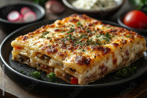 Wallpaper Mural Delicious homemade lasagna served on a black plate with fresh herbs and garnishes Torontodigital.ca