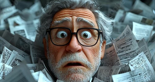 Elderly Man Overwhelmed By Papers And Documents. Visual Representation Of Information Overload. Illustration Of Elderly Person With Paperwork Stress.  Digital Art Of A Concerned Man With A Pile Of