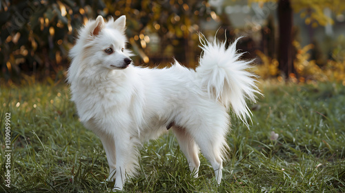American Indian Spitz dog with a pure white coat, captured in a full-body portrait with a soft and fluffy appearance.