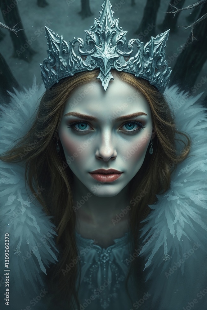 Mysterious Snow Queen in a Dark Winter Forest, Enchanted Fairytale Scene Mysterious Snow Queen in a Dark Winter Forest, Enchanted Fairytale Scene