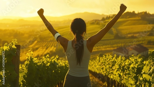Triumphant Athlete in Golden Hour Vineyard
