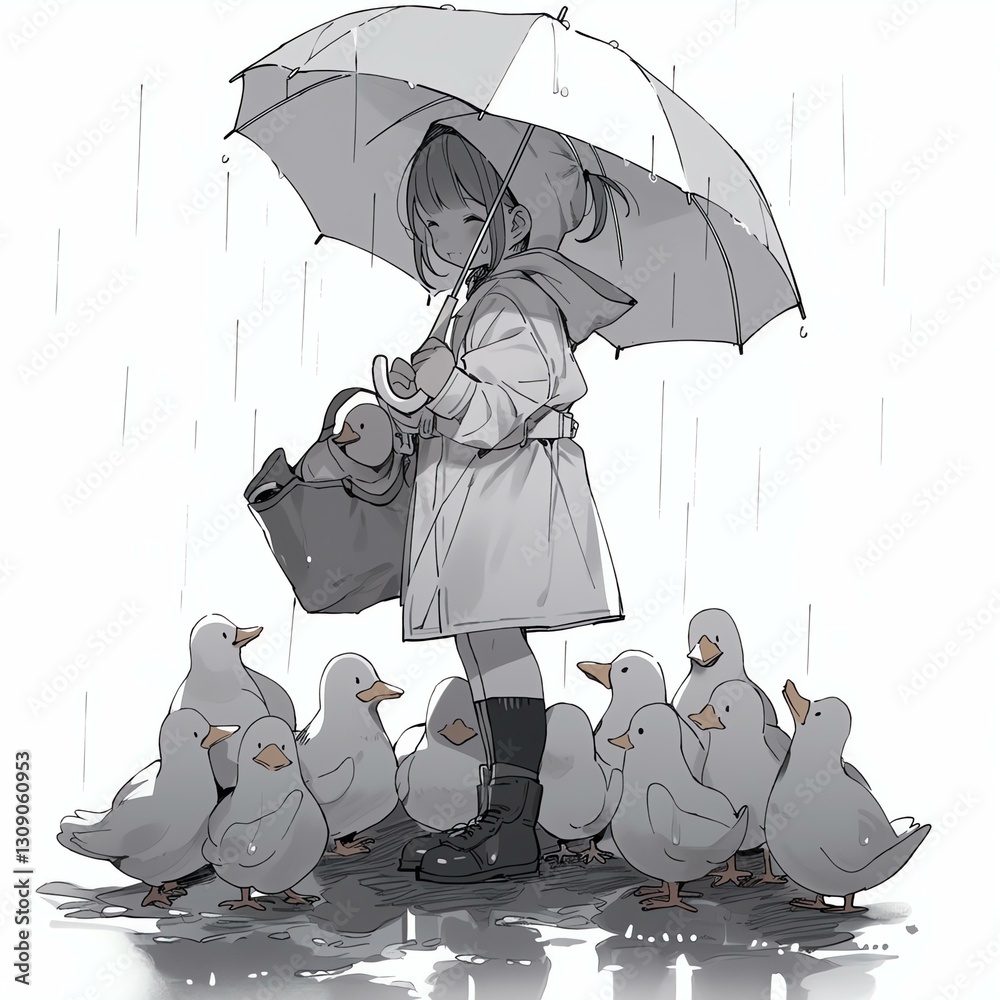 Anime Girl in Rain with Ducks