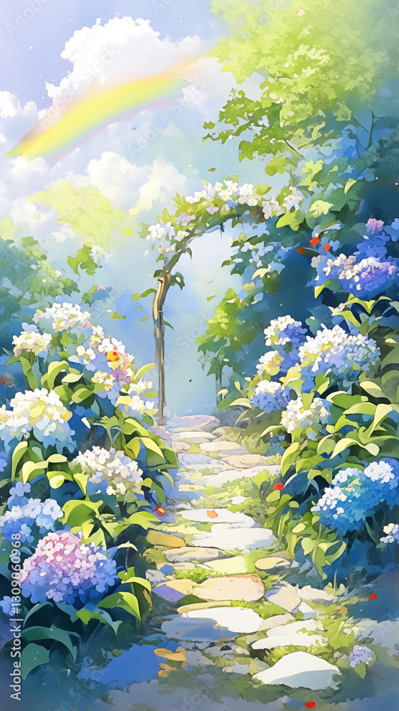 Obraz premium 輝く青空と咲き誇る紫陽花 梅雨の美しさを描いた水彩画