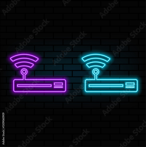 Glowing neon Router and wi-fi signal icon isolated on brick wall background. Wireless ethernet modem router. Computer technology internet. Vector