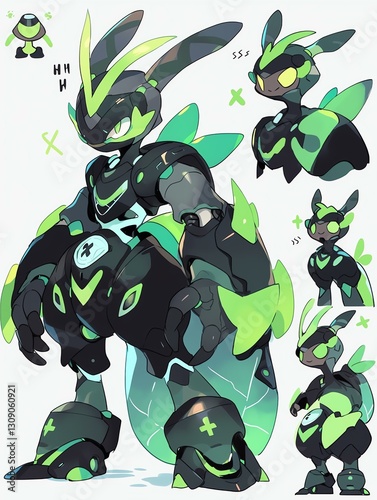 Moetax creature insectlike features colorful outfit is showcased three views featuring striking green eyes bold yet graceful design