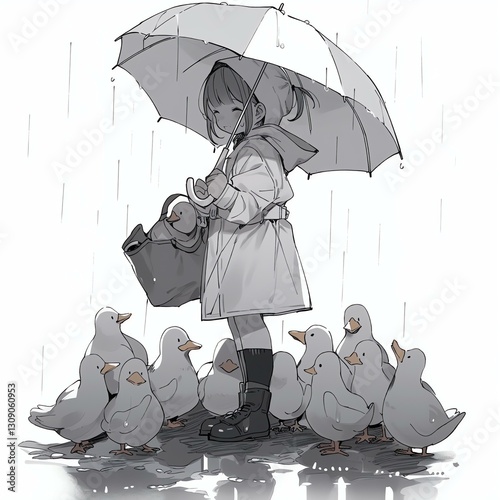 Obraz na płótnie Anime Girl in Rain with Ducks w salonie
