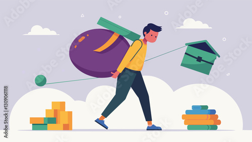 An illustration of a student carrying a massive ball of debt on their back with the weight being distributed between loans interest rates and monthly. Vector illustration