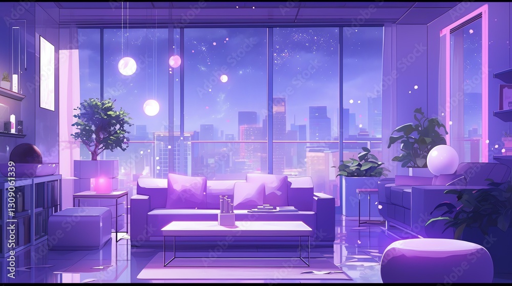 Modern Purple Themed Room City View