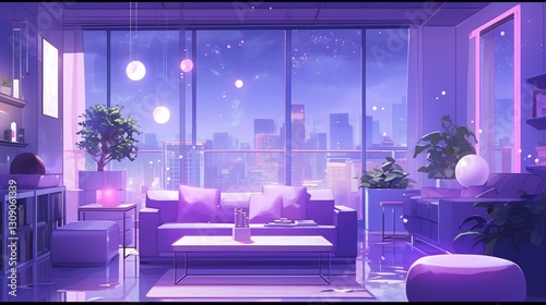 Obraz na płótnie Modern Purple Themed Room City View w salonie