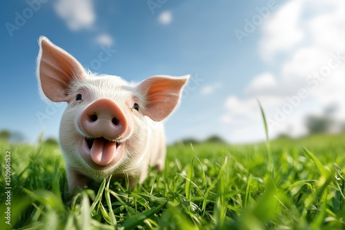 Wallpaper Mural Joyful white pig reveling in a lush green field under a bright sky Torontodigital.ca