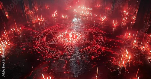 Fiery Red Inferno Circular Burning Pattern at Night.  With Flares and Glowing Embers.  Heat of Intense Energy.  Nighttime Effect.  Circular Design.  Powerful Visual. Symbol of Intensity. Abstract