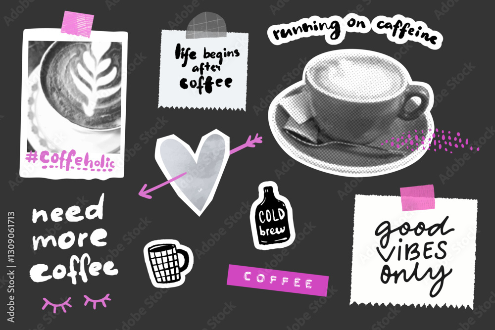 Fototapeta premium Coffee collage board, halftone cappucino cup, instant photo taped on wall, funny handwritten quotes and text. Cafe sticker set