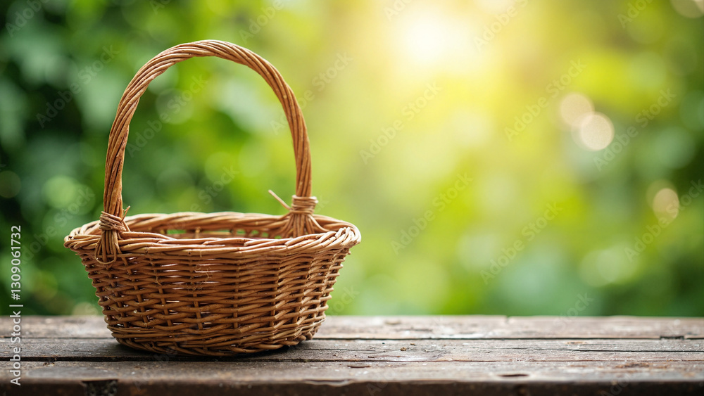 Elegant Empty Wicker Basket on Rustic Wooden Table with Spring Bokeh Background for Easter and Seasonal Campaigns keywords: wicker, basket, empty, rustic, wooden, table, rattan, woven, handmade, Elegant Empty Wicker Basket on Rustic Wooden Table with Spring Bokeh Background for Easter and Seasonal Campaigns keywords: wicker, basket, empty, rustic, wooden, table, rattan, woven, handmade,
