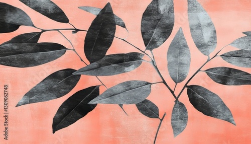 Elegant Floral Design Black and White Silhouettes of Leaves on a Watercolor Pastel Background