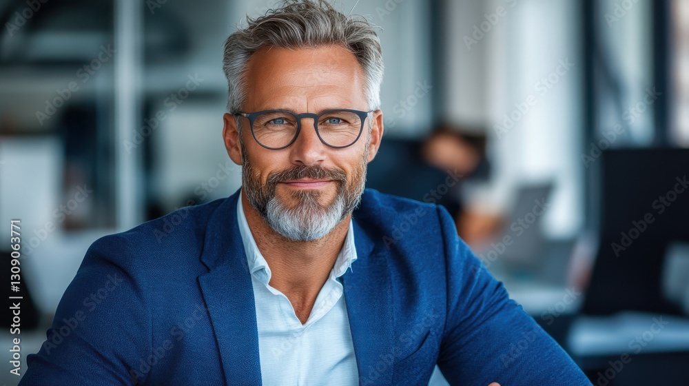 Fototapeta premium Smiling man in midlife participates in a bright business meeting
