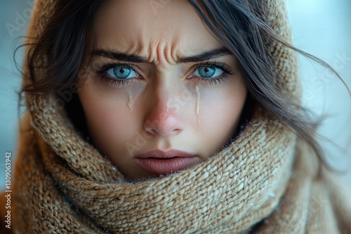 Woman wrapped in a scarf with a runny nose and tears in a cold environment during winter
