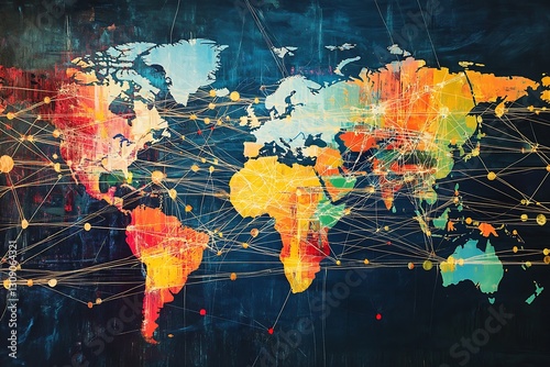 A colorful digital grid extending across a world map, highlighting interconnections across the globe