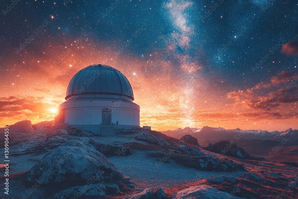Observatory under a vibrant starry sky at twilight in a mountainous landscape Observatory under a vibrant starry sky at twilight in a mountainous landscape