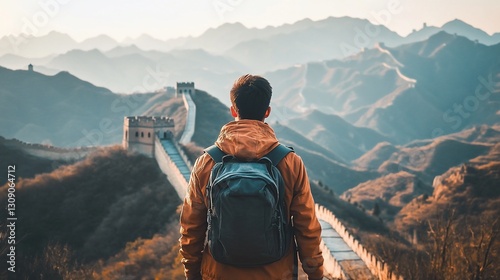 A Solitary Traveler Contemplates the Majestic Great Wall of China's Ancient Wonders Amidst Serene Mountains