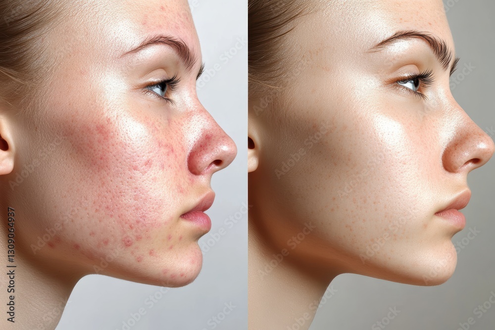 Obraz premium Before and after slider demonstrating smooth skin transformation for acne-prone individuals