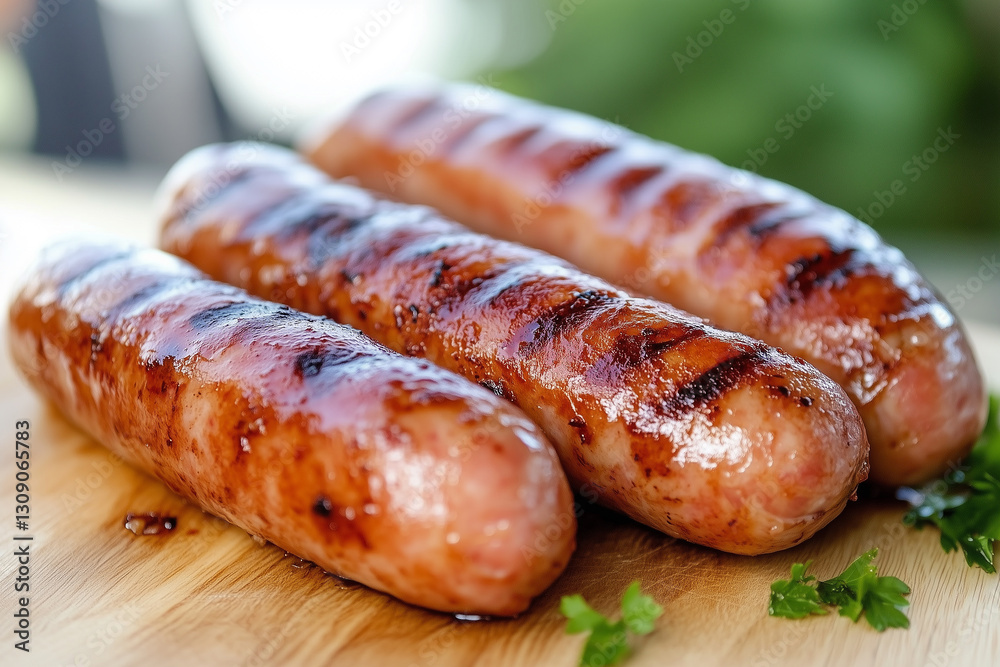 Grilled sausages resting on wooden board with fresh herbs during outdoor cookout in sunny weather Grilled sausages resting on wooden board with fresh herbs during outdoor cookout in sunny weather