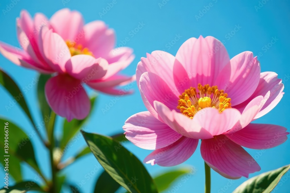 Golden accents on peony flowers against a bright blue sky, peonies, golden, accents Golden accents on peony flowers against a bright blue sky, peonies, golden, accents