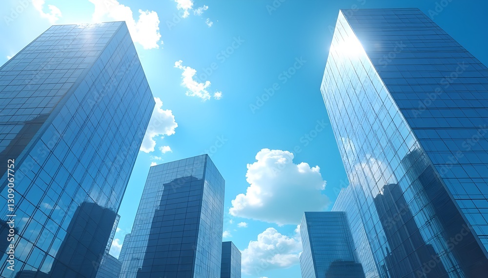 A breathtaking 4K animated-style image of a cluster of high-rise office buildings with modern glass facades reflecting a vivid blue sky with drifting white clouds. A breathtaking 4K animated-style image of a cluster of high-rise office buildings with modern glass facades reflecting a vivid blue sky with drifting white clouds.