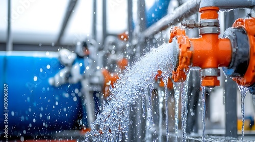 Close up view of a large water tank being refilled by a powerful water blaster with droplets of water visibly dripping and spraying from the nozzle
