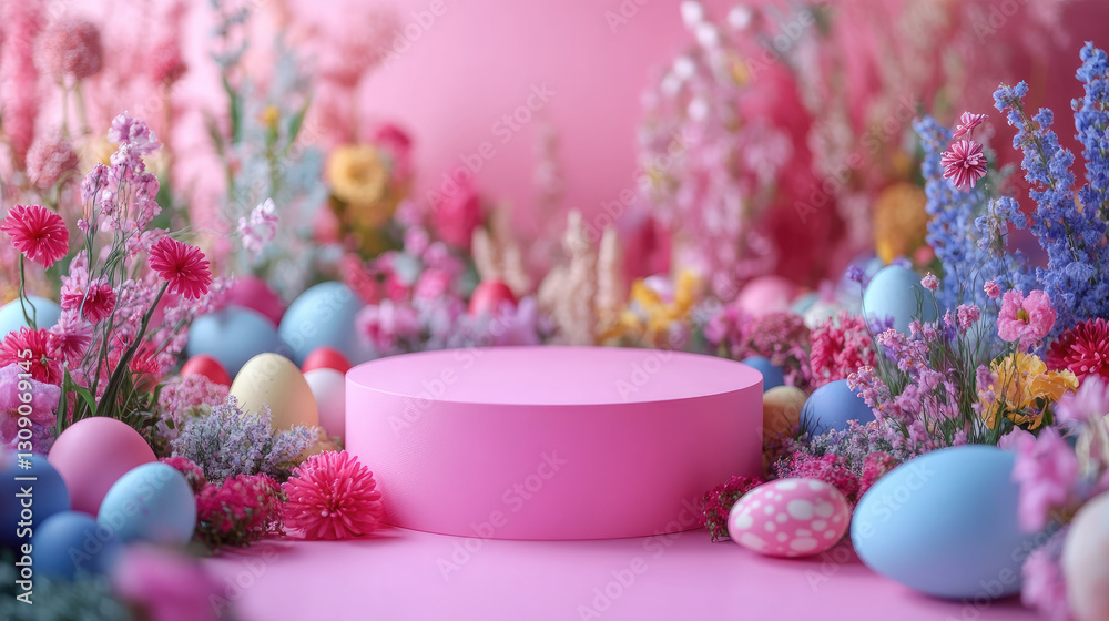 Empty round podium with colorful Easter eggs, spring flowers, and blooming branches in the background. Festive Easter banner for product presentation, seasonal promotions, holiday displays. Copy space Empty round podium with colorful Easter eggs, spring flowers, and blooming branches in the background. Festive Easter banner for product presentation, seasonal promotions, holiday displays. Copy space