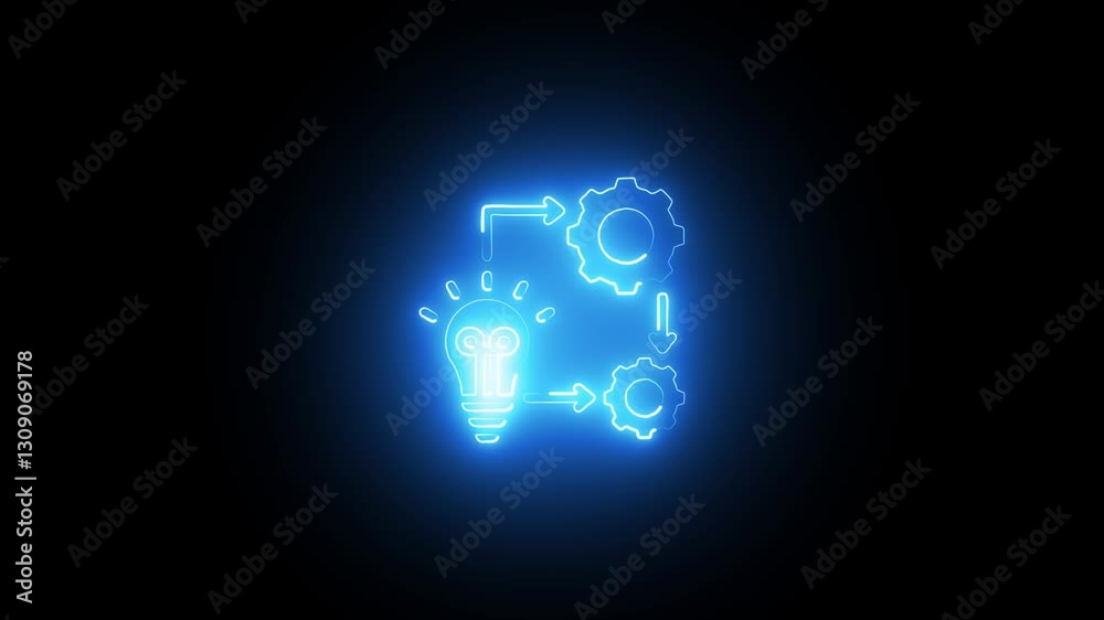 Glowing Neon Engineering Icon Animation on Black Background, 4k Motion Graphic Video Featuring Tools and Industrial Design