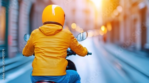 Riding through the city streets on a motorcycle taxi during morning rush photo