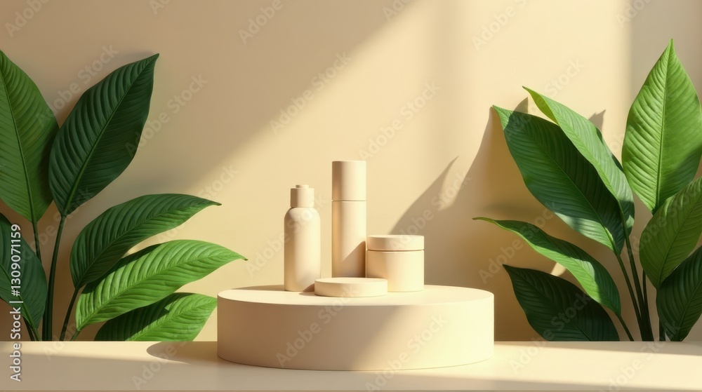 Serene beauty product display with minimalist containers and lush tropical foliage bathed in soft sunlight on a neutral backdrop Serene beauty product display with minimalist containers and lush tropical foliage bathed in soft sunlight on a neutral backdrop