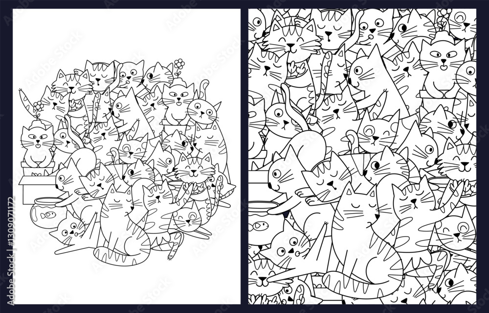 Obraz premium Coloring pages set with cute playful cats. Doodle feline characters templates collection for coloring book for kids and adults. Vector illustration