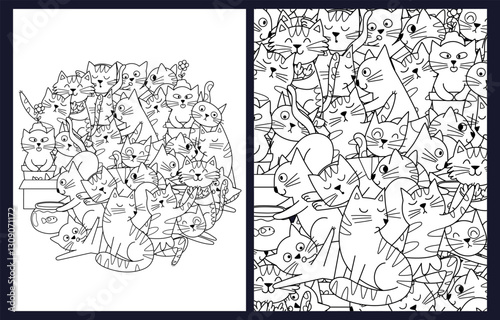 Coloring pages set with cute playful cats. Doodle feline characters templates collection for coloring book for kids and adults. Vector illustration