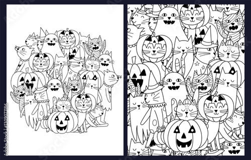 Coloring pages set with cute Halloween cats. Doodle feline characters templates collection  with pumpkin, ghost, witch for coloring book. Vector illustration